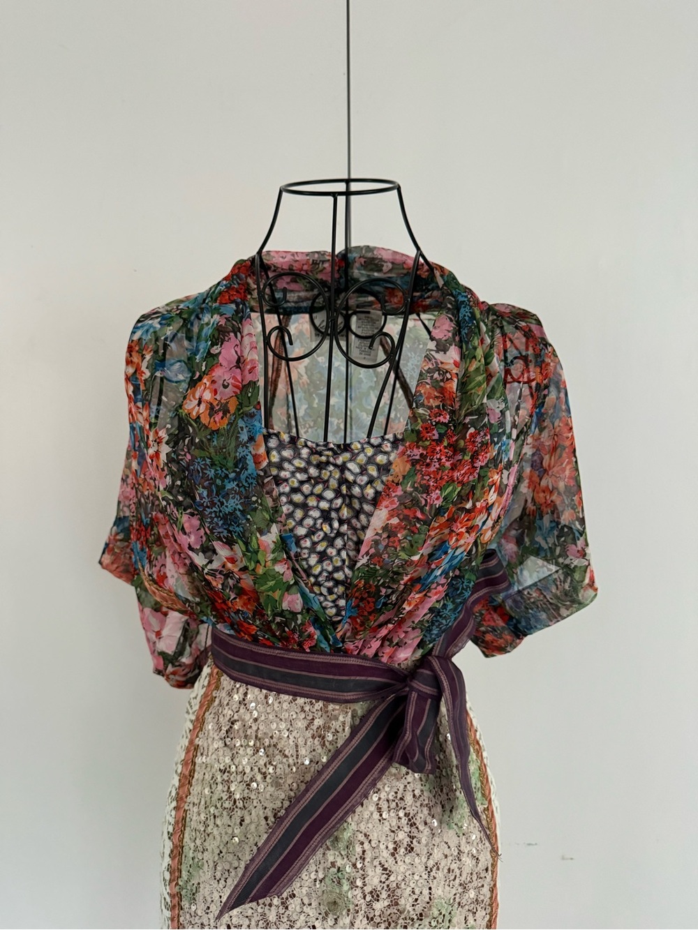 Byron Lars Floral Wrap Tie-Waist Midi Dress in Multi-Color & Multi-Texture Sz 0 - Picture 5 of 15